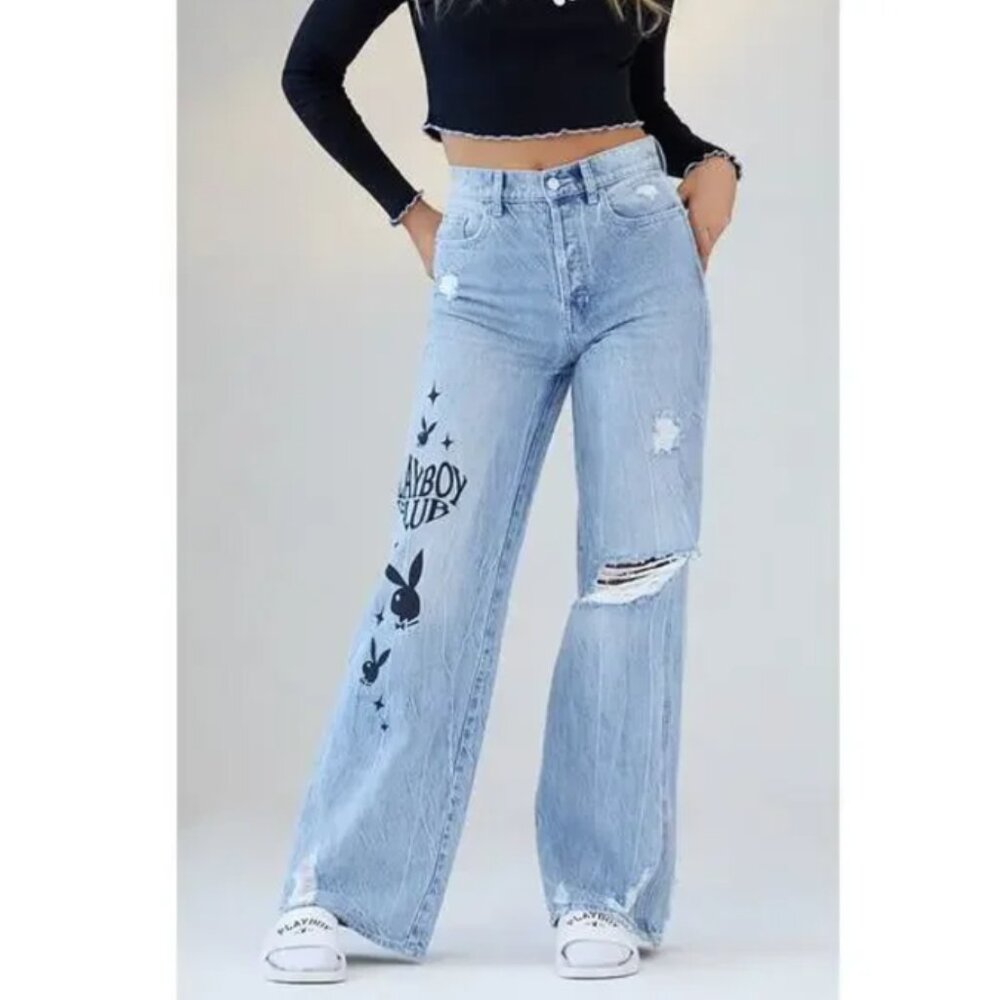 Playboy By‎ PacSun Eco Super Distressed High Waisted Wide Leg Baggy Jeans Sz 22